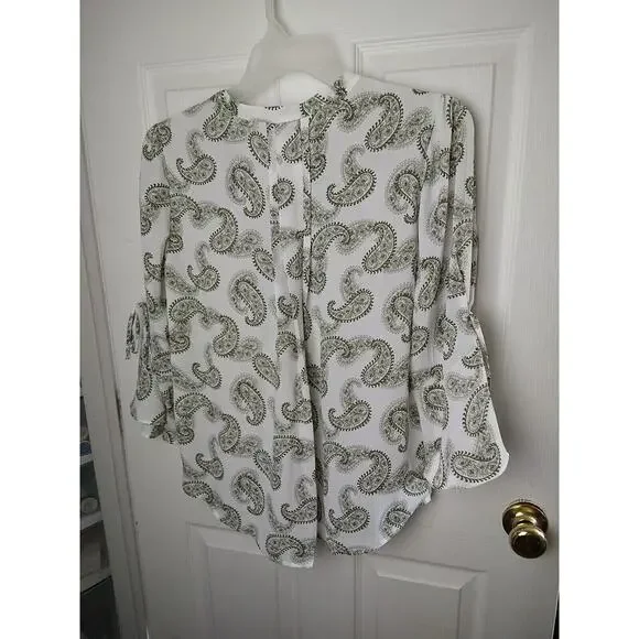41Hawthorn Green White Paisley V Neck Belle Flare Tie Sleeves Sheer. Size M - Picture 11 of 11